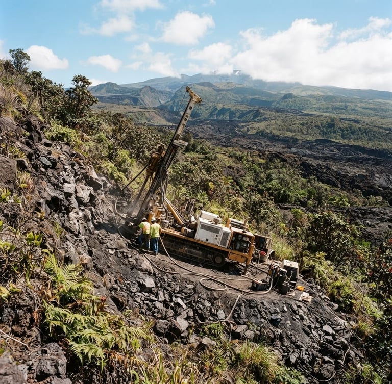 Wide environmental shot of a rugged 4x4 drilling rig operating on a volcanic basalt slope in Hawaii, bright natural daylight, sharp focus