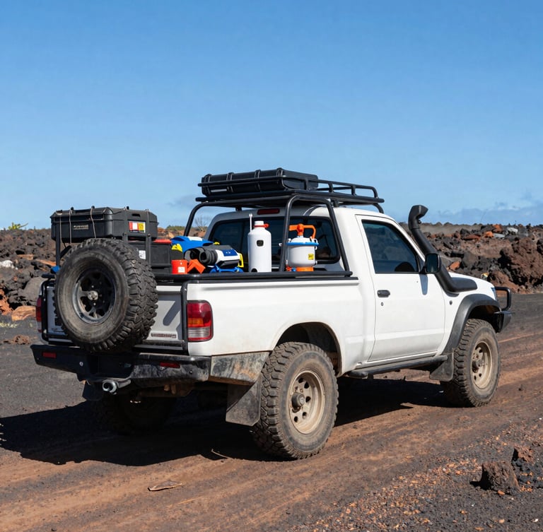 Medium shot of a rugged 4x4 utility truck loaded with hydrologic testing gear parked on a volcanic dirt track under bright Hawaiian sun