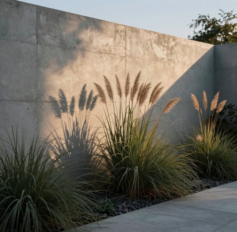Minimalist garden at twilight, architectural concrete wall reflecting soft warm light, tall ornamental grasses, high contrast shadows