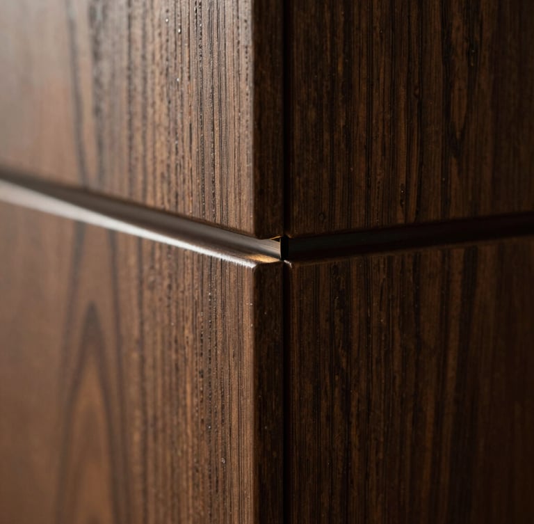 Extreme close-up of a dark oak wall joint with a completely flush, microscopic sensor slit, warm grazing light, high contrast, architectural detail