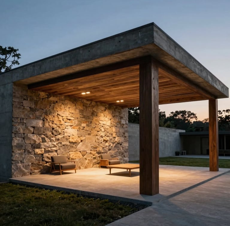 Cinematic architectural wide shot of a concrete and dark wood pavilion at twilight, warm light grazing a raw stone wall, minimal furniture.