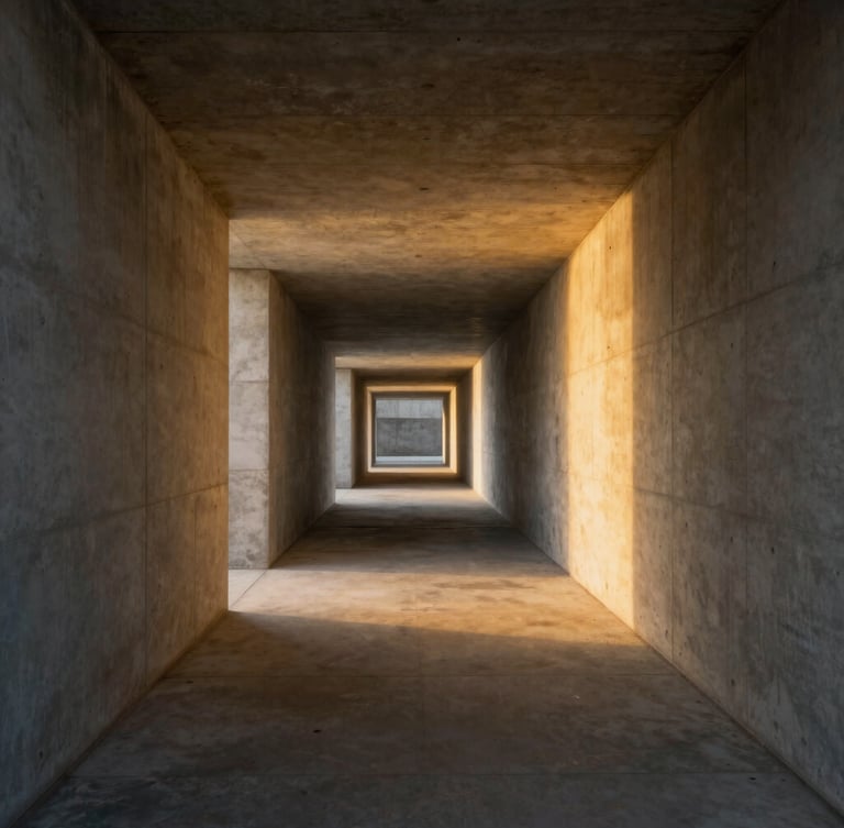 Symmetrical wide shot of a concrete corridor at dusk, a single warm gold light beam cutting through shadows, casting precise lines on raw stone.