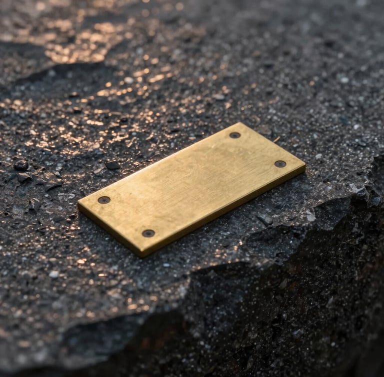 Macro shot of dark basalt stone meeting a flush-mounted brass sensor plate, warm twilight grazing the textured surface.