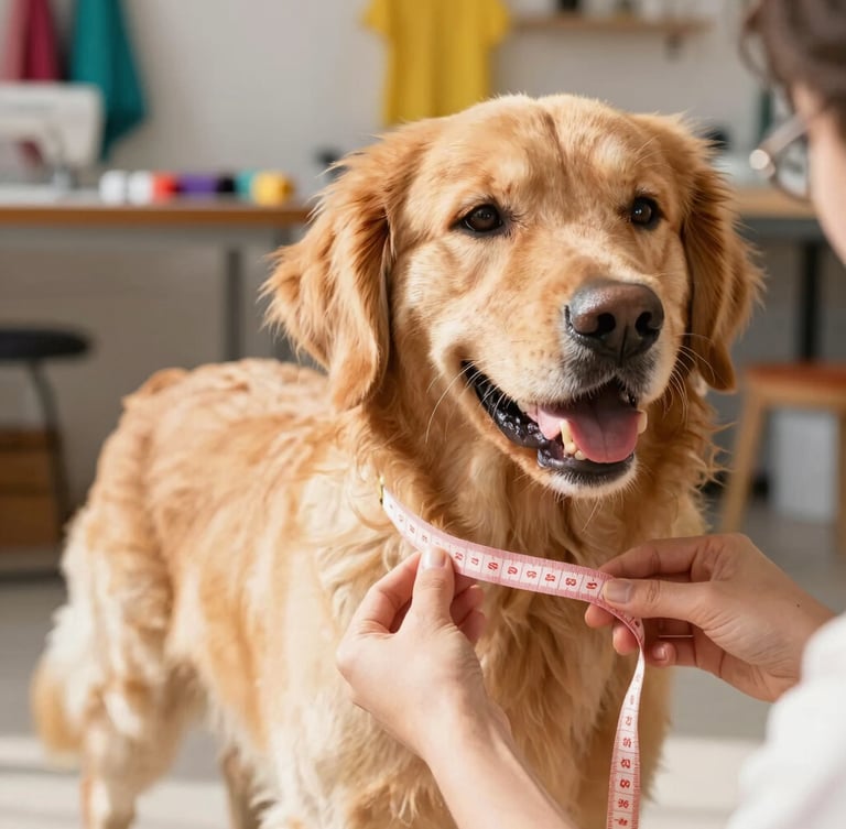 Close-up of hands carefully measuring a happy golden retriever with a soft tape measure, warm natural light, sewing workshop in Celaya in the background