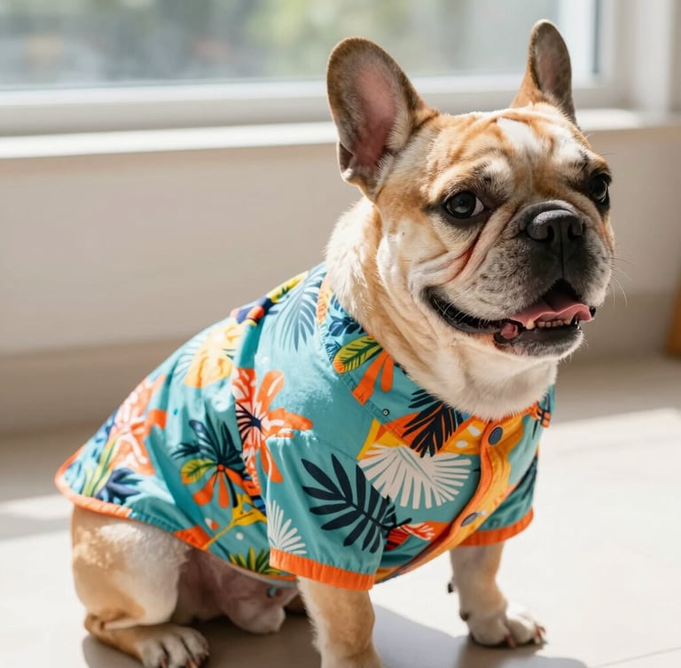 Bright natural daylight photo of a happy French bulldog wearing a colorful custom-fit tropical shirt, sitting comfortably indoors, sharp focus on fabric texture