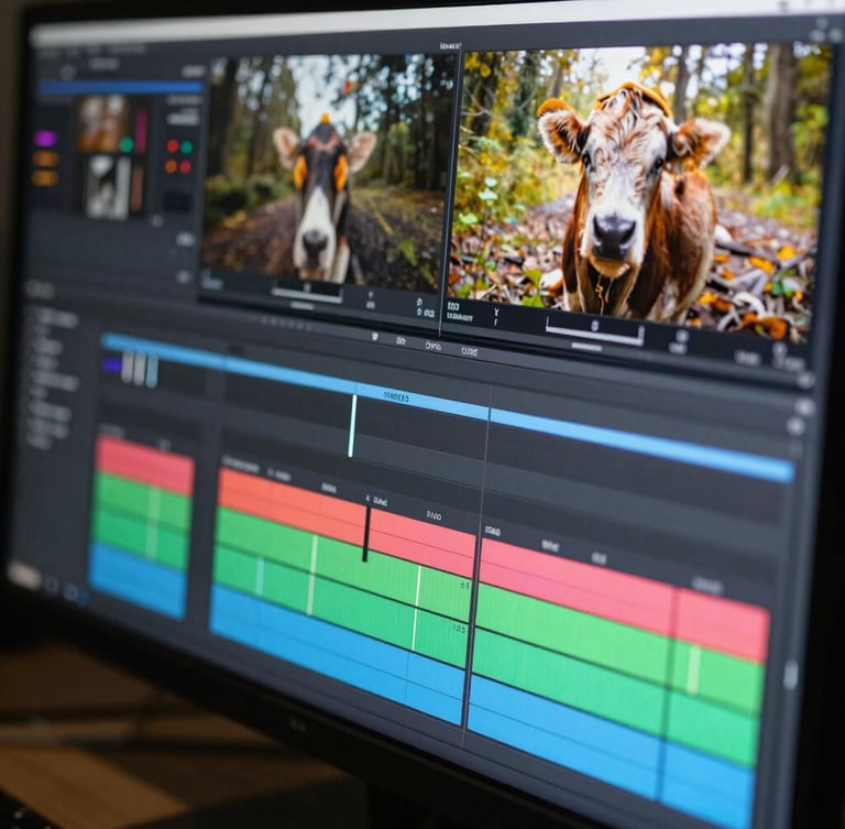 Macro close-up of a video editing timeline on a high-end monitor, showing precise cuts, multi-layered audio tracks, and vibrant color grading curves, shallow depth of field.