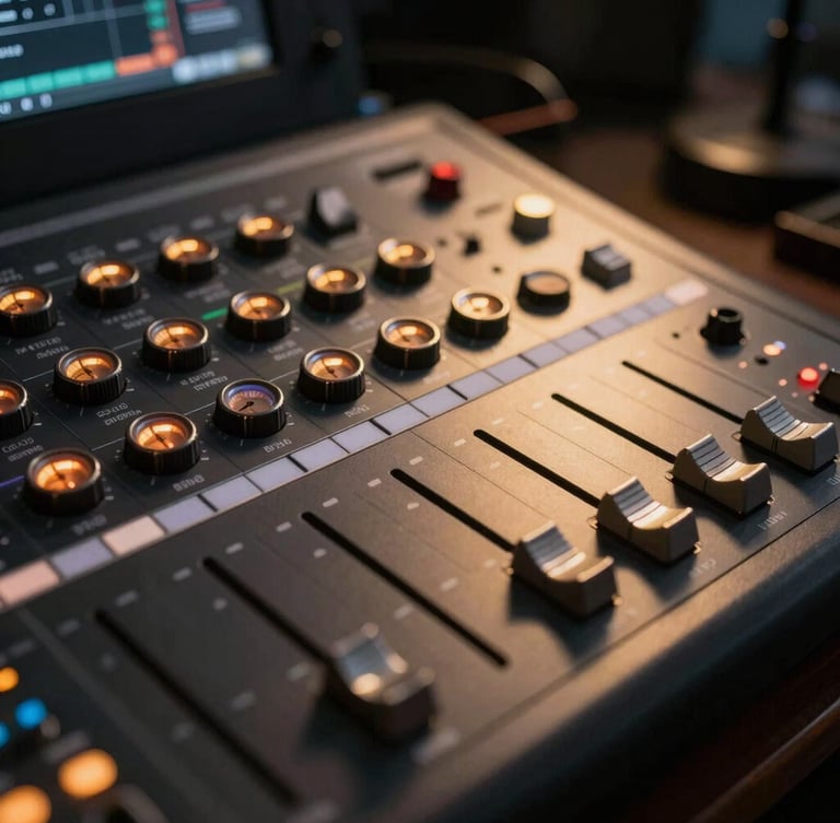 Macro close-up of a high-end video editing console with illuminated dials, dark studio environment, warm gold backlighting, professional post-production setup.