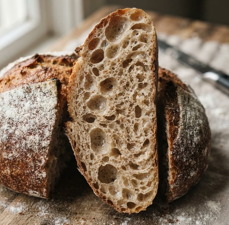 Macro shot of a sliced sourdough gluten-free bread boule, showing highly aerated crumb structure with perfect air pockets (alvéolos), warm natural side-light from a window, flour dusting, 35mm lens.