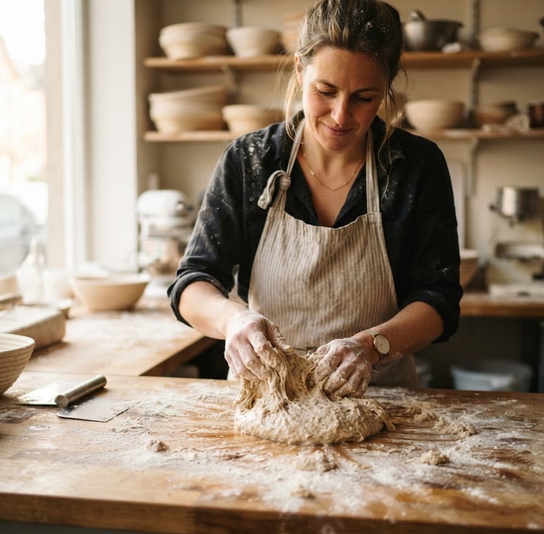 Portrait of a baker working with wet gluten-free dough on a flour-dusted wooden counter, soft natural side daylight from a window, warm editorial food photography style, shallow depth of field, 35mm