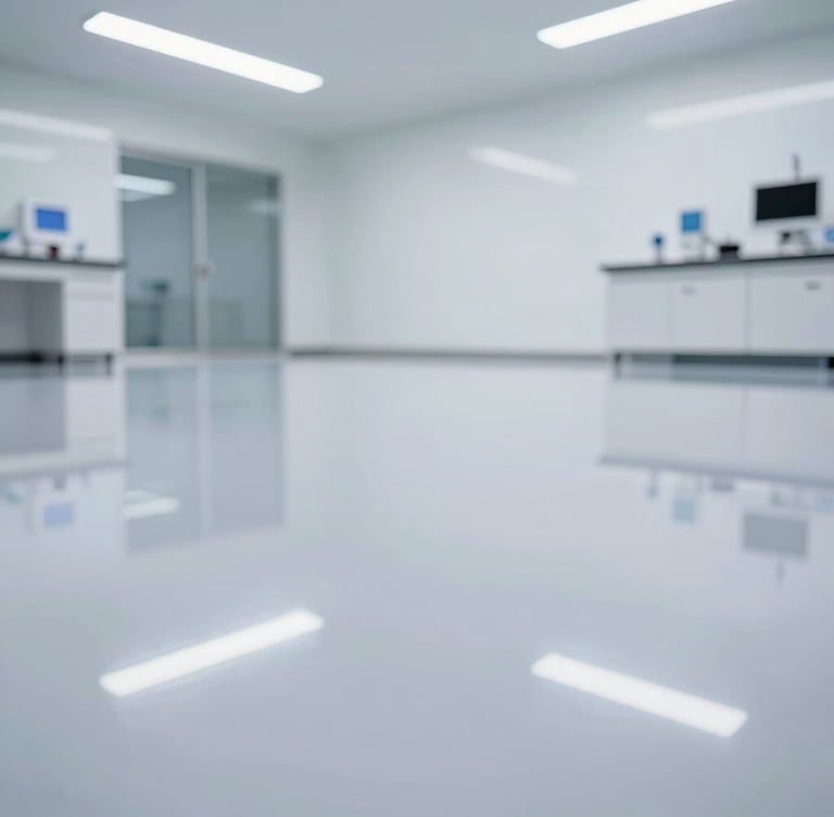 Heroic close-up of a finished high-gloss gray epoxy floor in an empty industrial warehouse, sharp linear reflections of overhead lights.