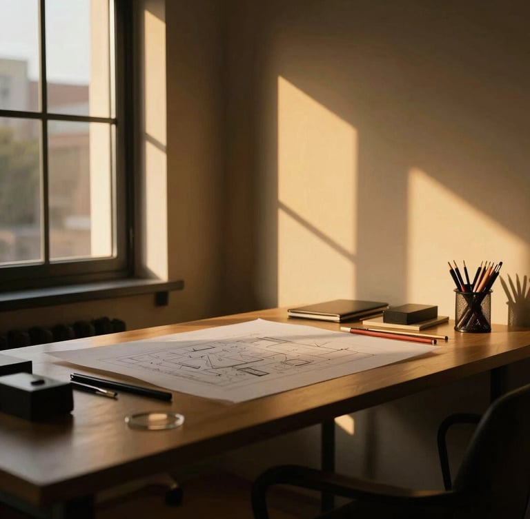 A quiet, warm-lit architectural workspace with clean lines, a designer desk with drafting tools, and golden-hour window light casting deep shadows.
