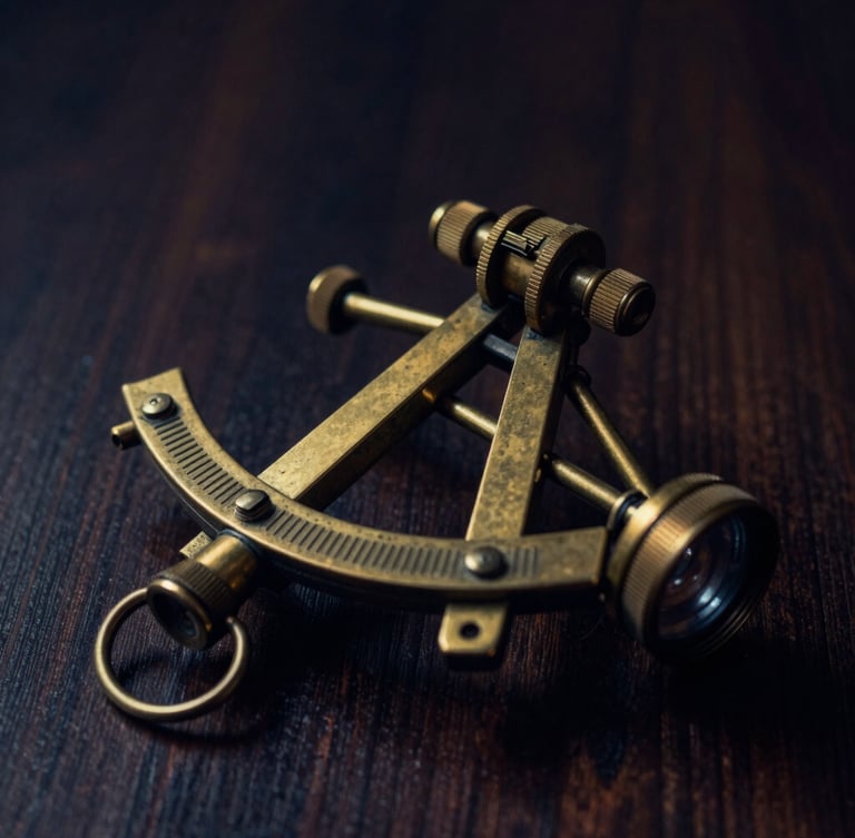 Macro close-up of a vintage brass sextant on a dark wooden table, dramatic low-key lighting, deep navy shadows, warm gold highlights, 35mm lens