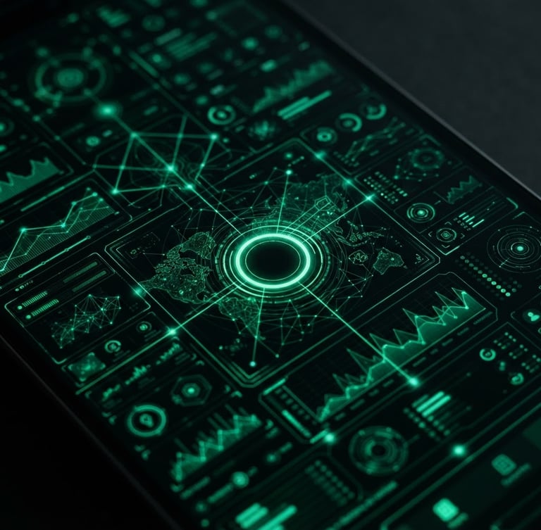 Macro shot of a high-end mobile screen displaying a complex dark-mode UI with sharp emerald lines, low-key dramatic studio lighting, high contrast