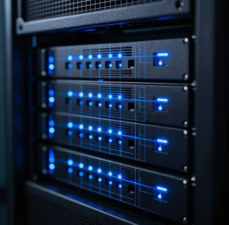 Macro shot of physical server rack with sharp electric blue LED indicator lines, dark brushed metal texture, blueprint overlay grid, cinematic lighting, 35mm