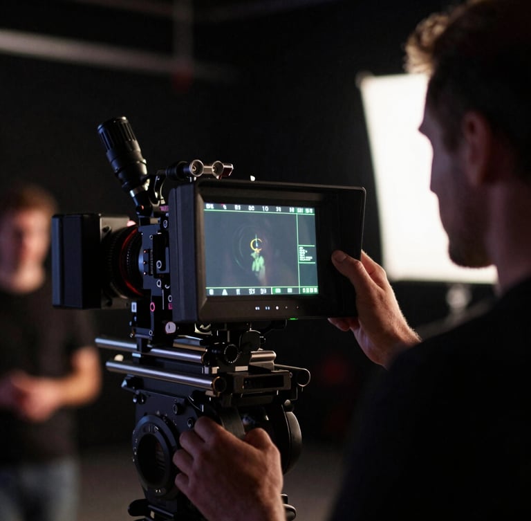 Behind the scenes on a professional film set, a director looking at a high-end camera monitor, dramatic high-contrast lighting, deep shadows, 35mm film grain.
