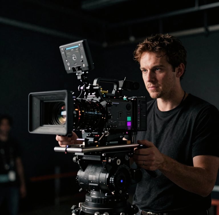 Cinematic portrait of a camera operator adjusting a high-end cinema rig on a dark set, dramatic high-contrast lighting, deep shadows, 35mm film grain.