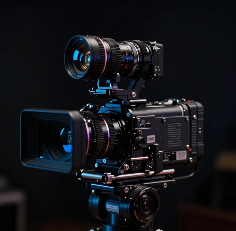 Primer plano dramático de una cámara de cine de alta gama con ópticas anamórficas en un set de filmación oscuro, iluminación de claroscuro con sutiles acentos de luz de neón azul, estilo cinematográfico editorial, grano de película de 35mm