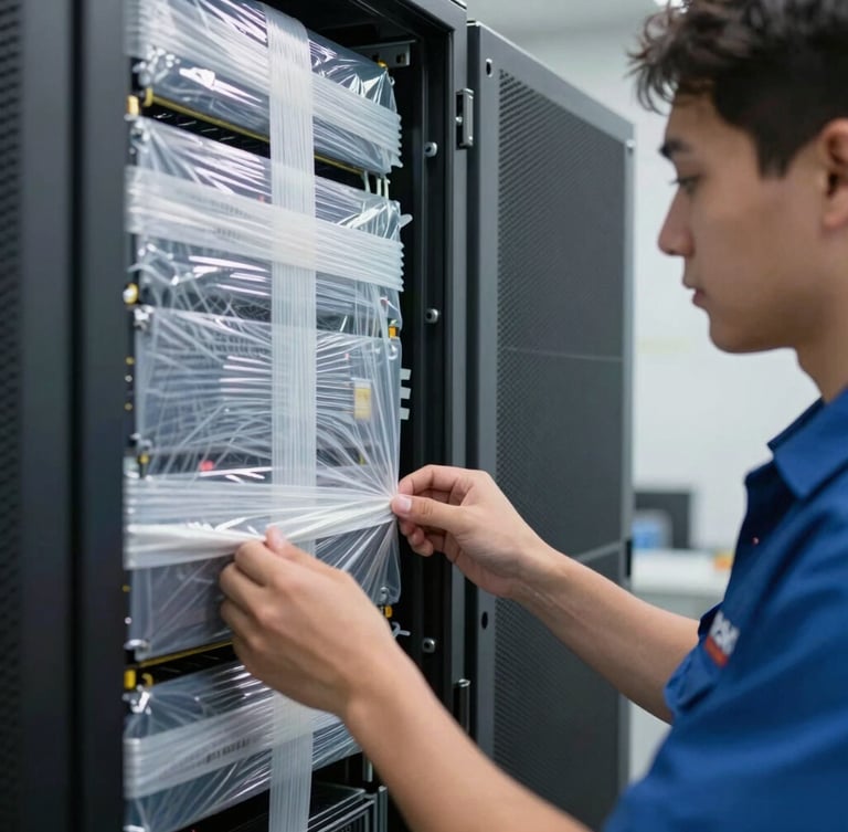 Close-up of a professional technician in a branded uniform securing server racks with heavy-duty anti-static wraps inside a clean corporate staging area