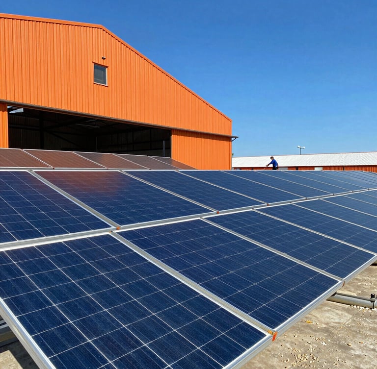 Crisp industrial photography of massive solar arrays on an agricultural hangar under bright direct sunlight, a professional cleaning technician visible in the distance, deep blue sky
