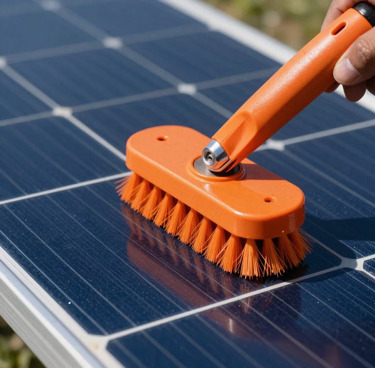 Close-up of specialized soft-brush cleaning equipment in action on a large solar array, bright direct sunlight, deep blue tones, sharp focus, 35mm