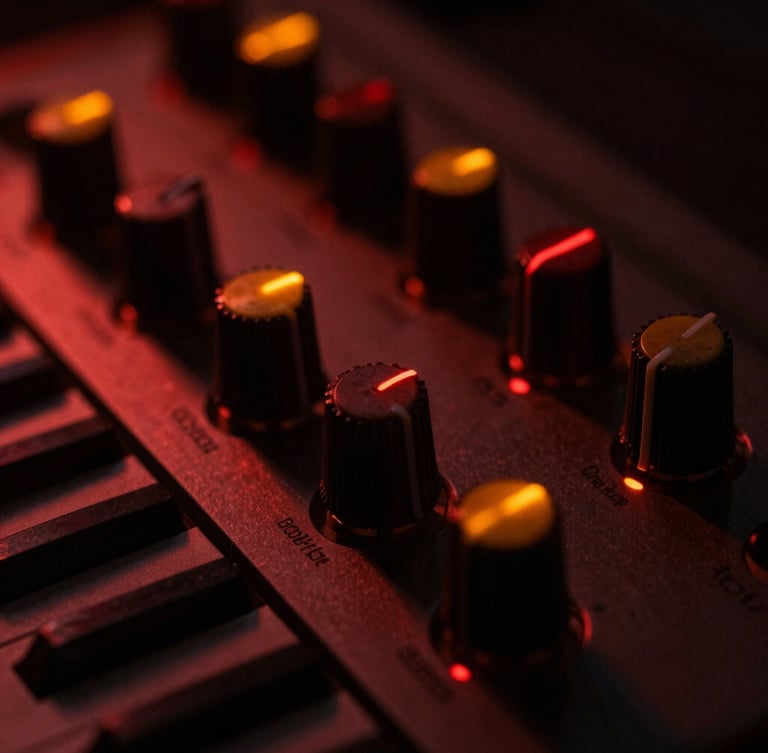Macro photography of analog synthesizer knobs glowing with faint orange and red indicators in a dark room, metallic chassis, 35mm