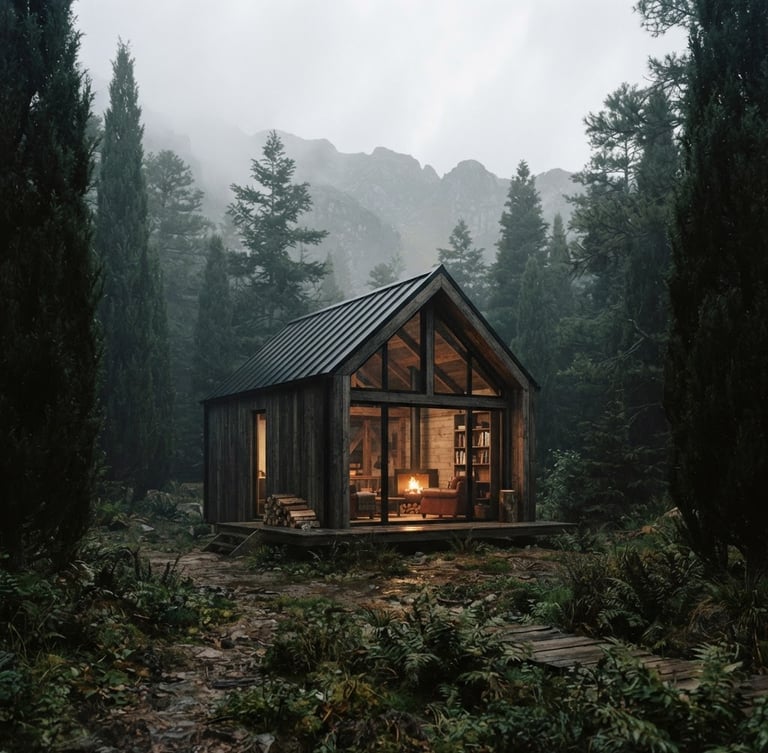 Atmospheric cabin photography, soft overcast daylight, moody forest tones, warm interior firelight, 35mm film, showing a minimalist alpine cabin nestled among tall cypress trees in a misty mountain forest