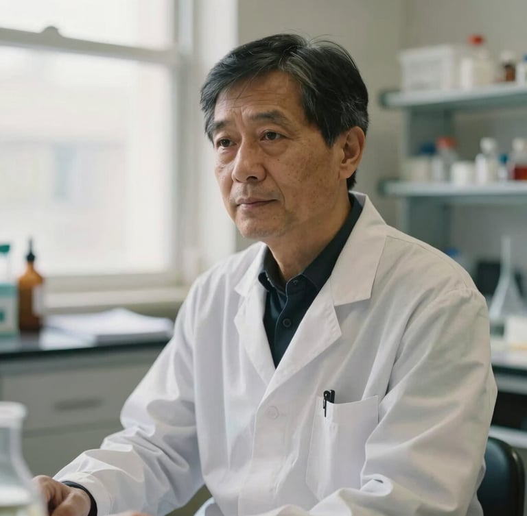 Dignified environmental portrait of an academic researcher working in a naturally lit laboratory, focused expression, soft depth of field, 35mm