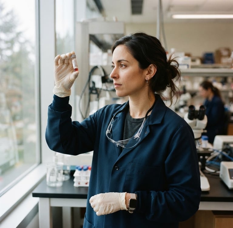 A medium-close environmental portrait of a female researcher in a modern laboratory looking thoughtfully at a glass vial under soft, natural window light, muted deep navy tones, shallow depth of field, 35mm.