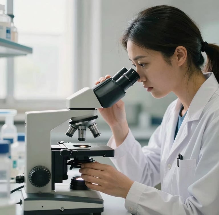 A female researcher in a modern laboratory adjusting a microscope under soft natural window daylight, 35mm, shallow depth of field, navy and ivory tones