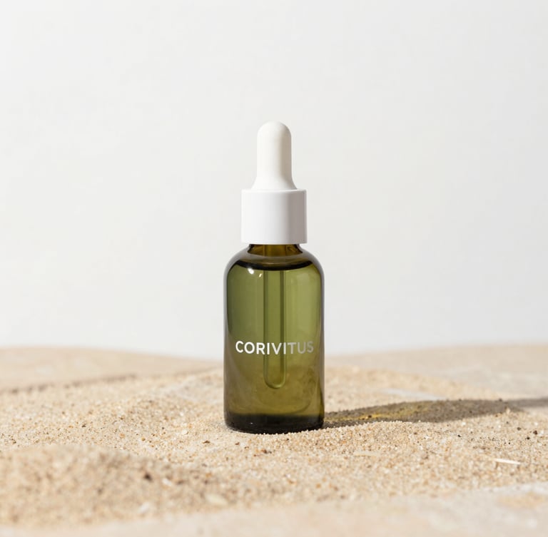 A clean minimalist portrait of the Corivitus amber glass bottle on a warm sand-colored stone surface, soft overcast daylight, clinical-editorial style.