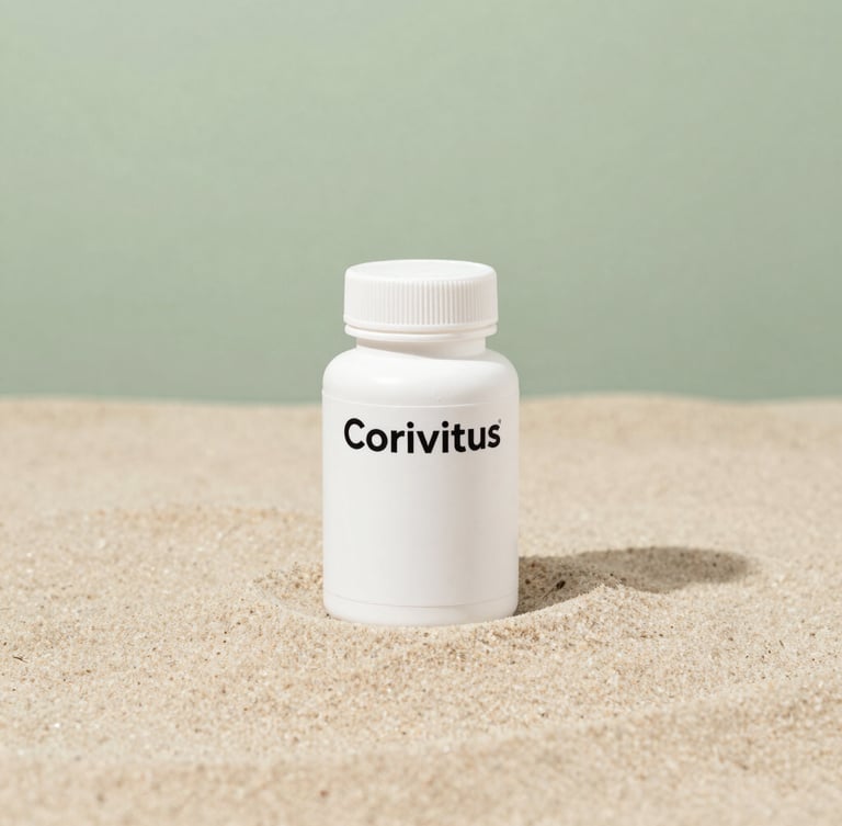 Minimalist product shot of the white Corivitus supplement bottle on a sterile warm sand surface, sharp clinical focus, soft overcast daylight, desaturated green shadows.