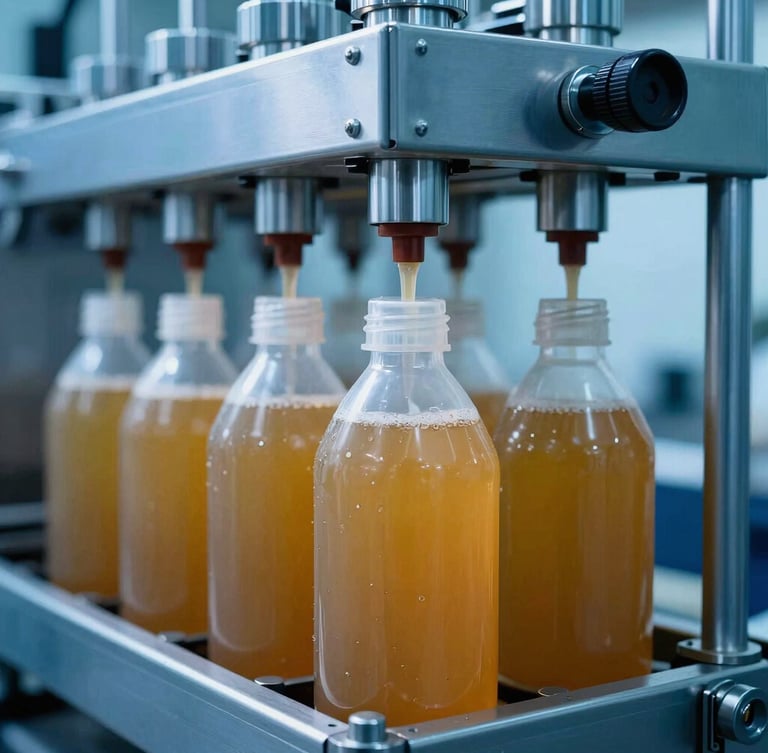 High-contrast industrial photography of a modern automated lubricant bottling line, metallic blue and amber tones, crisp cool studio light, sharp macro focus, 35mm