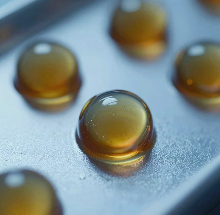 Macro close-up of amber-colored oil droplets in a high-tech laboratory, cool metallic blue undertones, sharp focus, 35mm
