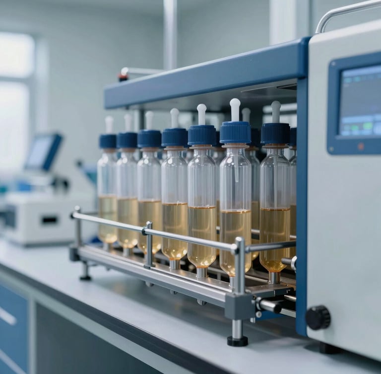 A clean automated bottling line and high-tech laboratory testing equipment, modern industrial facility, crisp daylight, 35mm