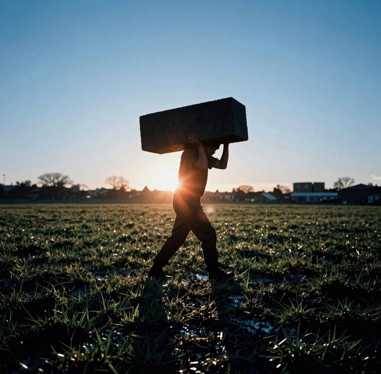 Silhouette of a man carrying a heavy cinder block across wet grass at dawn, high-contrast cool blue pre-dawn tones with a sharp orange sunrise flare, dramatic shadows, 35mm film