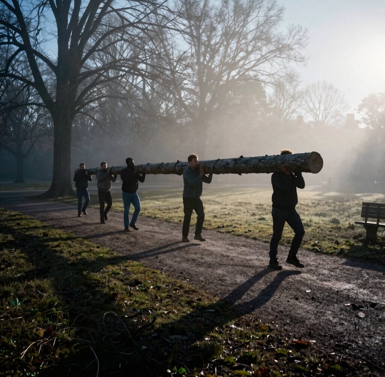 Dramatic wide environmental shot of men carrying a heavy log together in a misty park during sunrise, high-contrast dawn light, heavy shadows