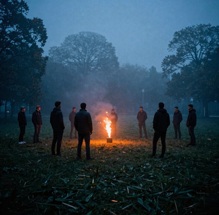 Wide environmental shot of men gathered in a dark park at dawn, cool blue mist, single orange sunrise flare lighting silhouettes, gritty 35mm film style.
