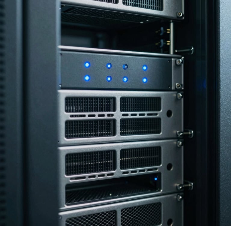 Macro detail of a clean server rack with blue indicator lights, desaturated cool tones, sharp focus, technical framing.
