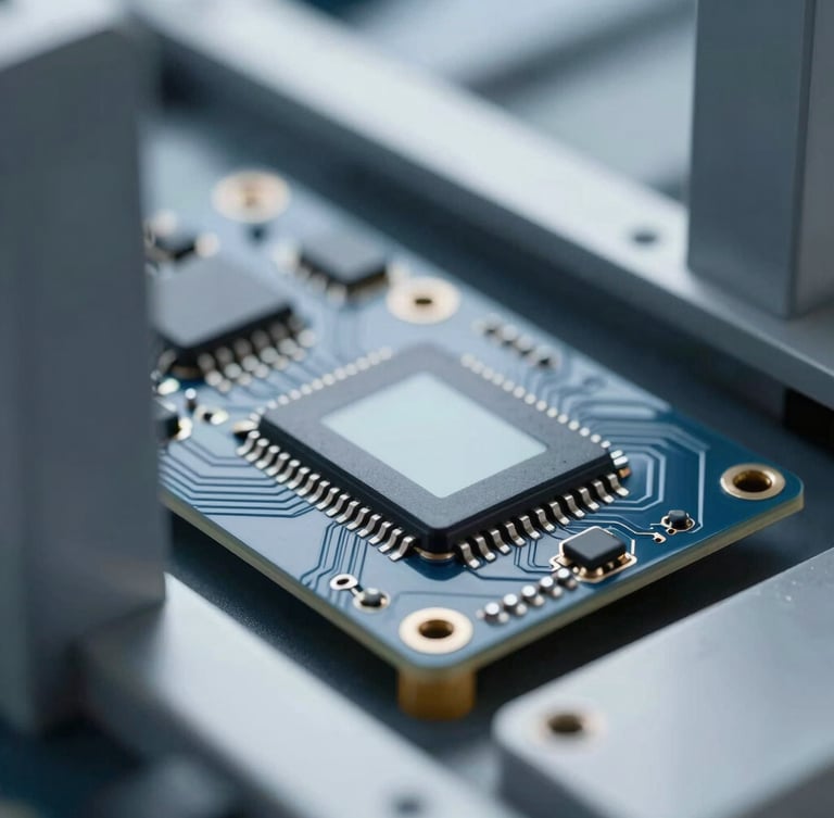 Macro detail of a high-precision custom circuit board integrated with a clean modern digital interface, cool diffused daylight, sharp focus, architectural framing