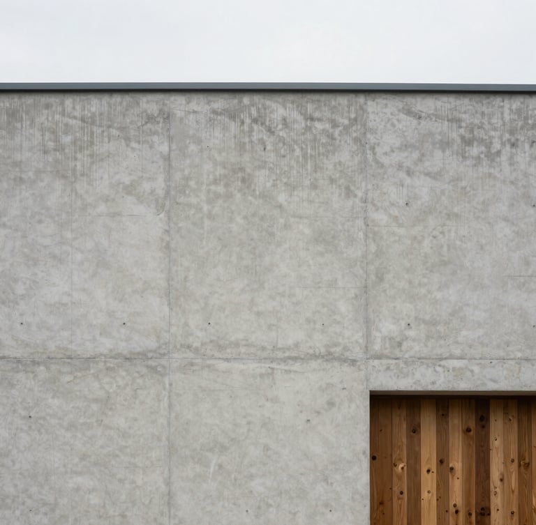 Straight-on architectural elevation of a minimalist concrete facade, raw texture, diffused overcast daylight, sharp focus, 35mm