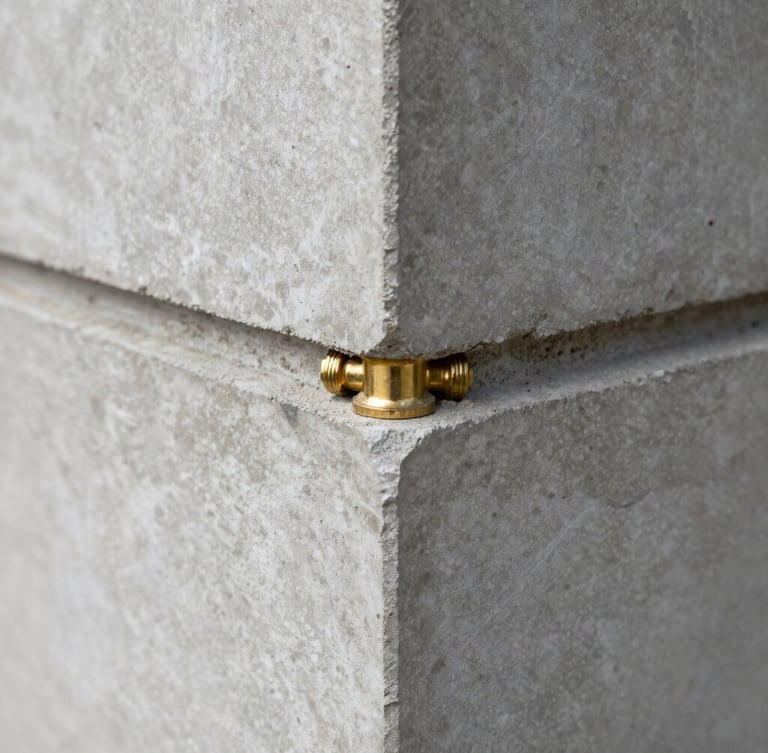Macro detail shot of a structural brass joint meeting raw concrete, sharp focus, natural diffused daylight, 35mm