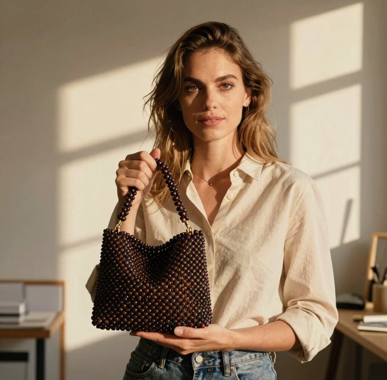 Editorial portrait of founder Sabrina Clarke in a sun-drenched Amsterdam studio, holding a partially threaded beaded handbag, warm golden-hour lighting, 35mm