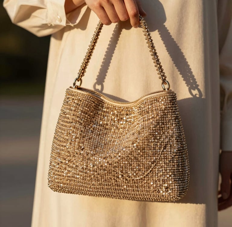 Model styling a handcrafted beaded champagne-toned handbag in warm golden-hour sunlight, detailed texture of crystal beads against silk clothing
