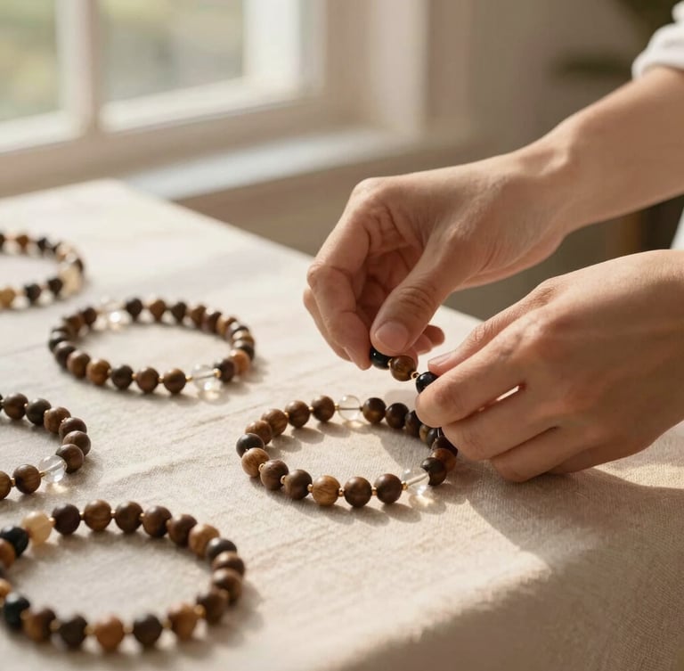 Close-up of hands arranging wooden and crystal beaded necklaces on a linen-covered display table, soft outdoor window light, warm tones