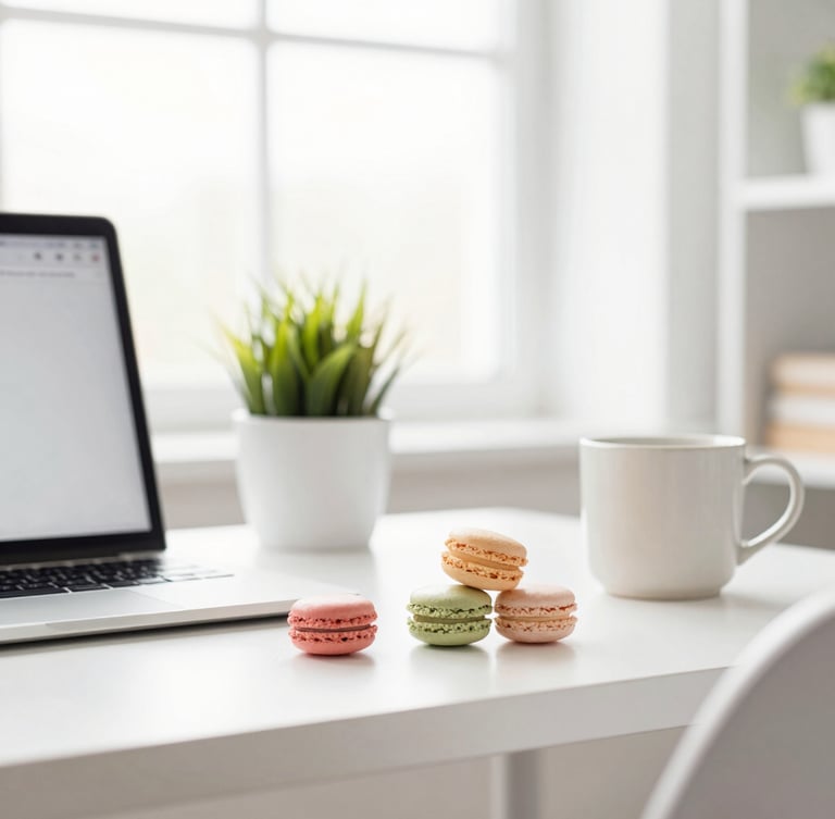 Bright high-key editorial photography, soft natural daylight, pastel macaron color accents, clean modern composition, 35mm. A neatly organized desk in a Des Moines office with a laptop, a small green plant, and a ceramic mug, warm and inviting atmosphere.