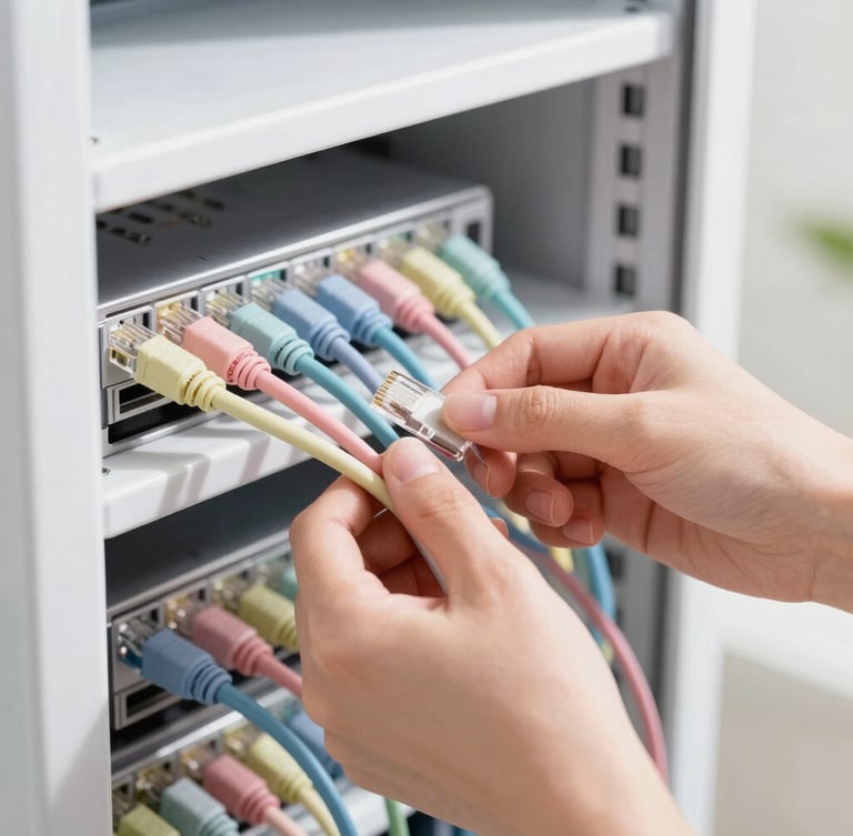 Bright editorial close-up of hands neatly organizing pastel-colored ethernet cables in a clean, modern white server rack, soft natural daylight, high-key lighting, 35mm