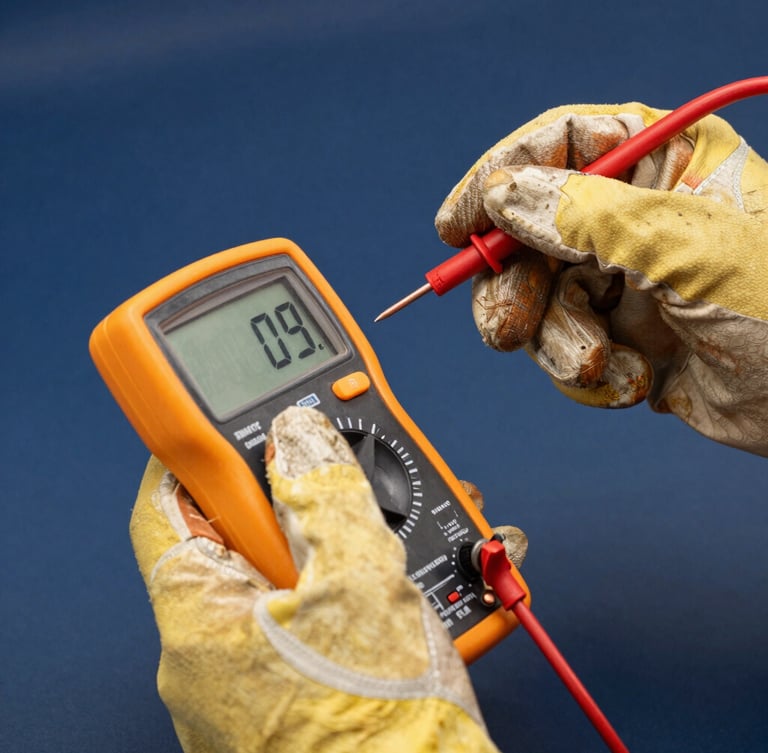 Close-up of a professional electrician's hands in safety gloves using a digital multimeter on clean copper wiring, sharp technical lighting, navy blue background