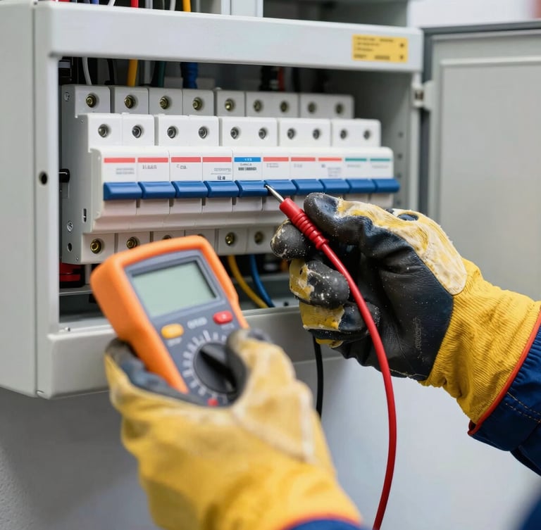 Close-up of a professional electrician's hands in safety gloves testing a modern breaker panel with a digital multimeter, sharp technical lighting, navy blue and safety yellow tones.