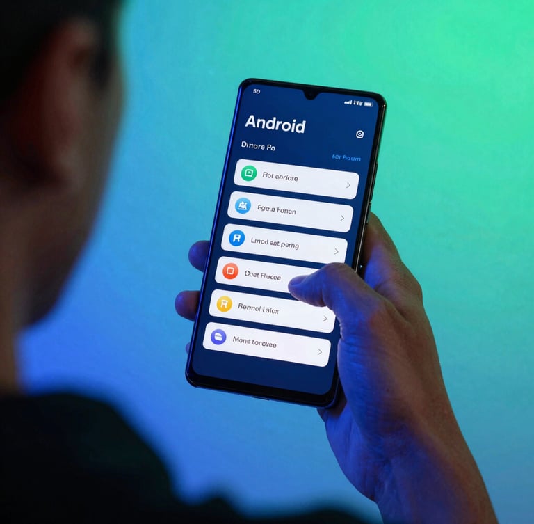 Macro over-the-shoulder shot of a developer testing a sleek Android interface on a modern device, cool studio lighting with vibrant electric blue and mint green neon backlighting, sharp contrast