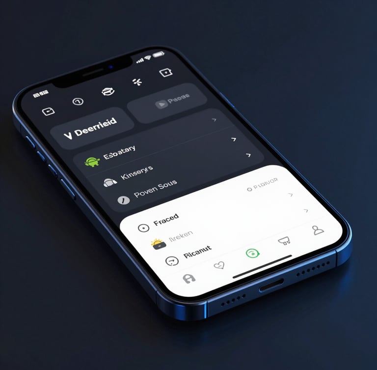 Sleek Android smartphone mockup showing a clean dark-mode productivity dashboard interface, cool studio lighting with subtle blue neon accents, macro depth of field